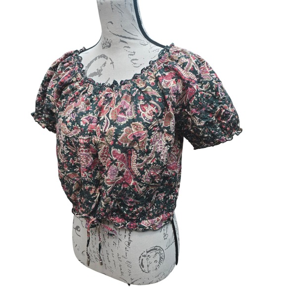 Jennifer & Grace‎ -638 Floral Crop Top Peasant Blouse Tie Front Boho Chic S - Picture 2 of 8